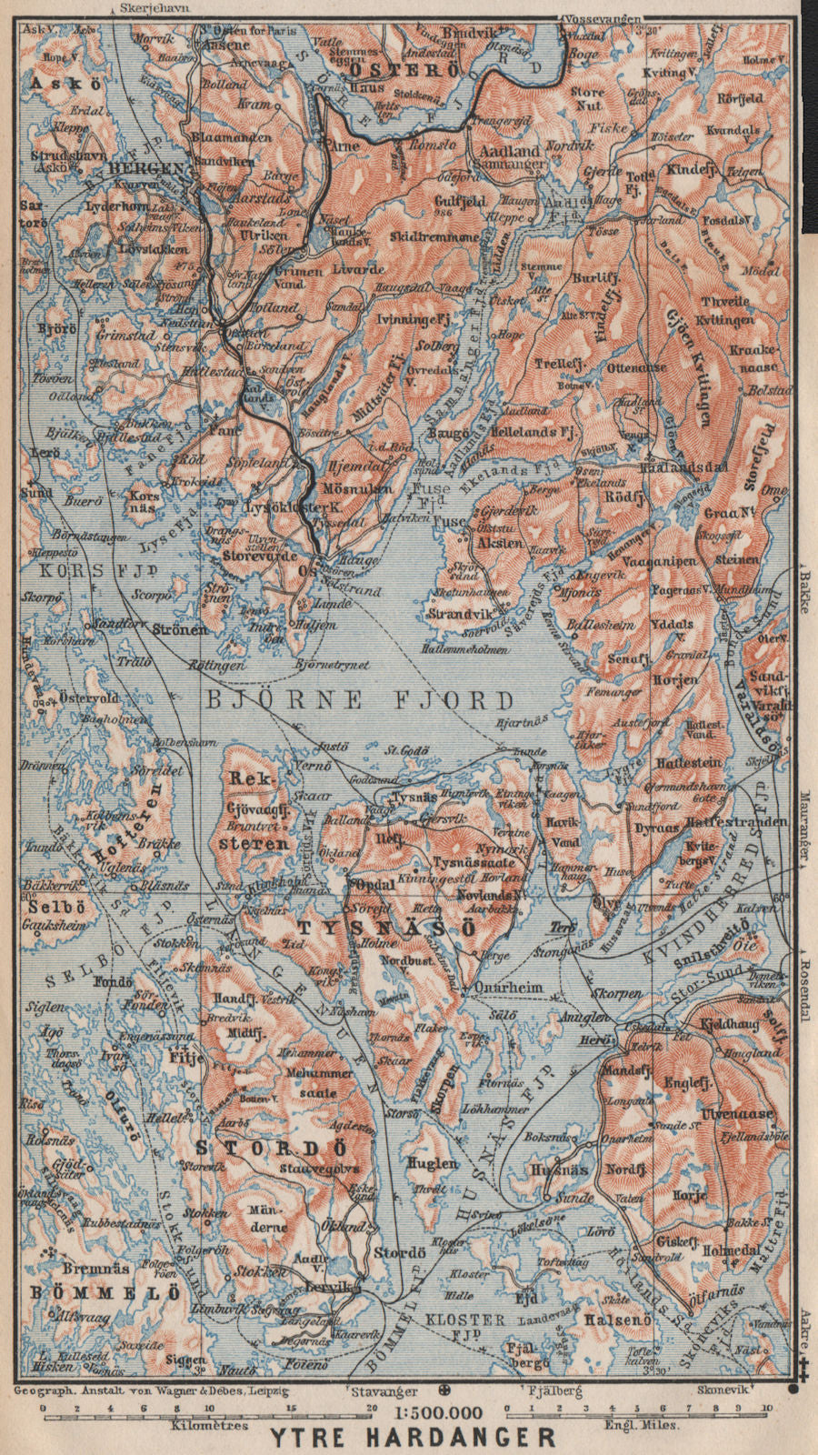 OUTER HARDANGERFJORD topo-map. Bergen Stordo. Norway kart. BAEDEKER 1899